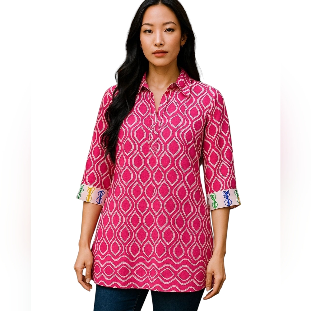 Tizzie Pink Graphic Pattern 3/4 Sleeve Button Down Shirt Women's Size Small NWT